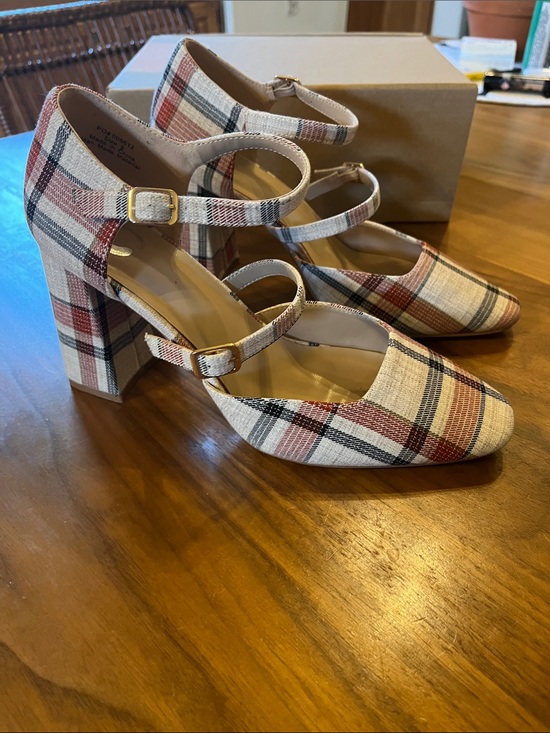 Journee Collection Shoes - Plaid Mary Jane Block Heel Pumps - Dual Strap in Cream, Black and Red